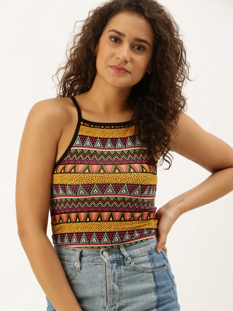 

FOREVER 21 Women Black & Mustard Yellow Printed Fitted Crop Top