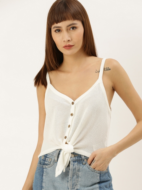 

FOREVER 21 Women White Self Design Top With Tie-Up Detail