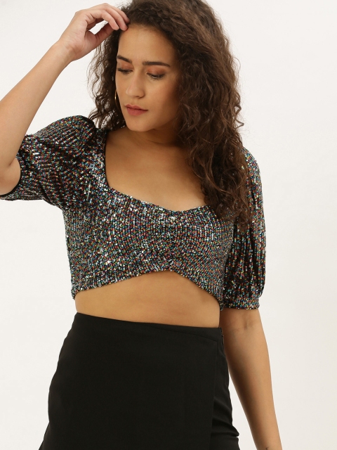 

FOREVER 21 Women Multicoloured Embellished Fitted Crop Party Top, Multi