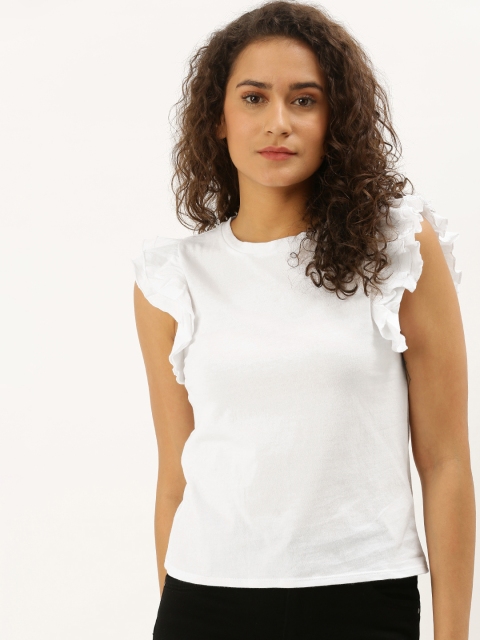 

FOREVER 21 Women White Solid Pure Cotton Top with Ruffles
