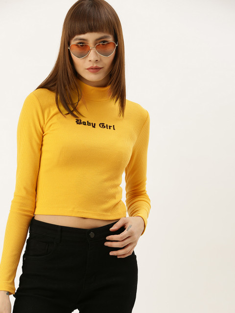 

FOREVER 21 Women Mustard Yellow Self Design High Neck Crop Top
