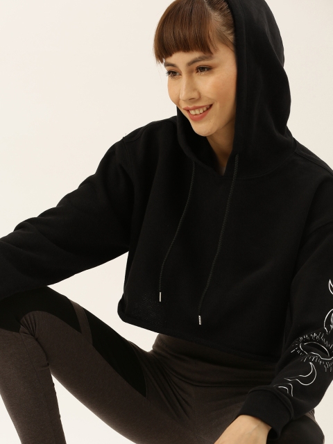 

FOREVER 21 Women Black Solid Hooded Crop Sweatshirt