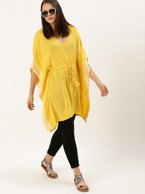 

FOREVER 21 Women Mustard Solid Longline Kaftan Top With Tie-Up