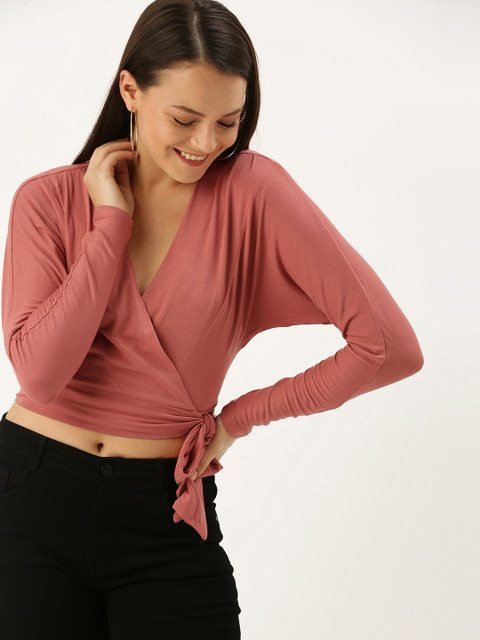 

FOREVER 21 Women Pink Solid Wrap Cropped Top with Tie-Ups