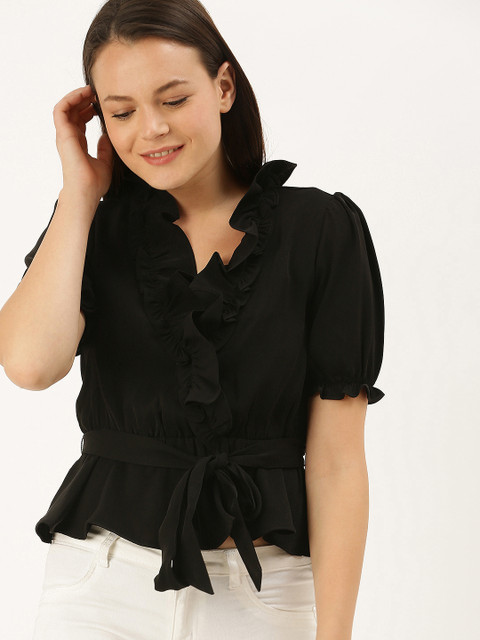 

FOREVER 21 Women Black Solid Ruffled Wrap Top