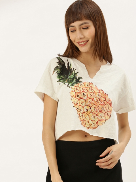 

FOREVER 21 Women White Tropical Printed Cropped Round Neck T-shirt With Raw Edges