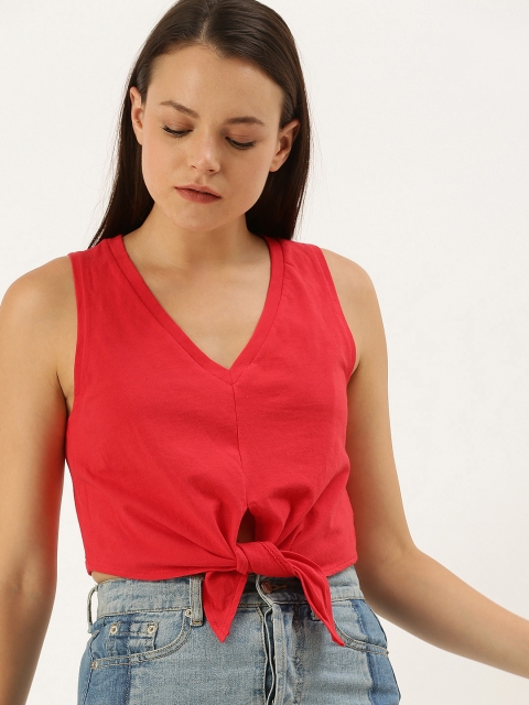 

FOREVER 21 Women Red Solid Front Knot Crop Top