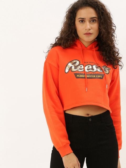 

FOREVER 21 Women Orange Printed Hooded Crop Sweatshirt