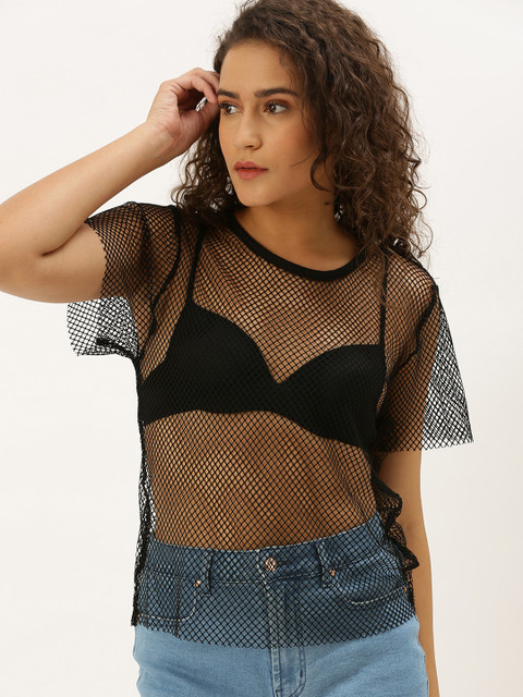 

FOREVER 21 Women Black Solid Sheer Top