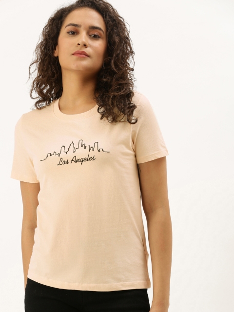 

FOREVER 21 Women Peach-Coloured Embroidered Round Neck T-shirt