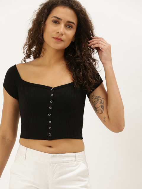 

FOREVER 21 Women Black Ribbed Fitted Crop Top