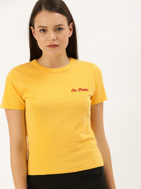 

FOREVER 21 Women Mustard Yellow Solid Round Neck T-shirt with Embroidery