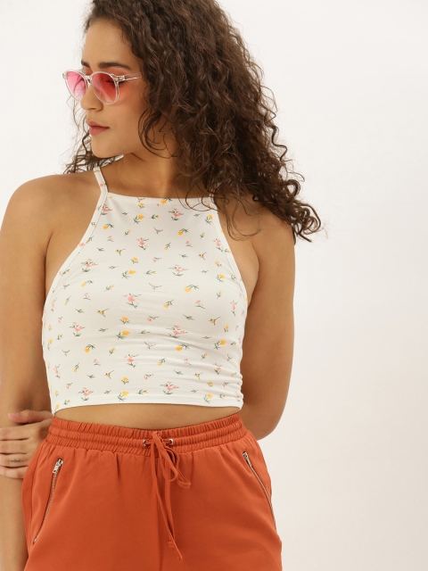 

FOREVER 21 Women White & Yellow Ditsy Floral Printed Fitted Top