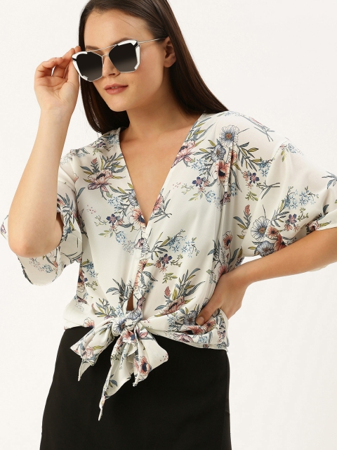 

FOREVER 21 Women White & Blue Printed Top With Tie-Up