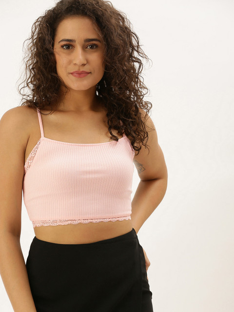 

FOREVER 21 Women Pink Ribbed Lace inserts Bralette Top