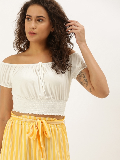 

FOREVER 21 Women White Solid Cinched Waist Crop Top
