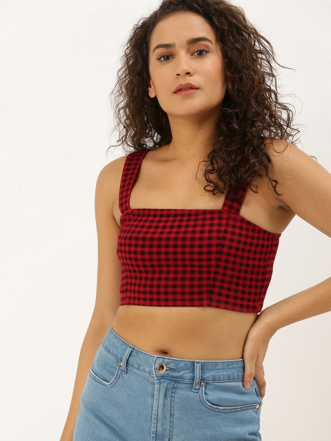 

FOREVER 21 Women Red & Black Checked Fitted Crop Top