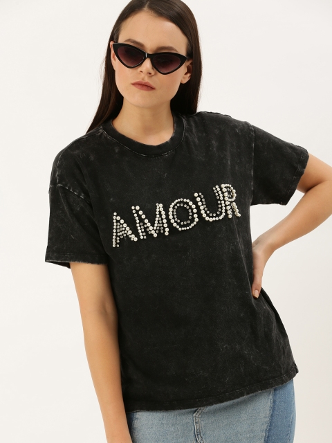 

FOREVER 21 Women Black Printed Round Neck T-shirt With Embellishment