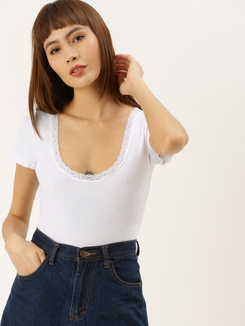 

FOREVER 21 Women White Solid Top With Lace Inserts