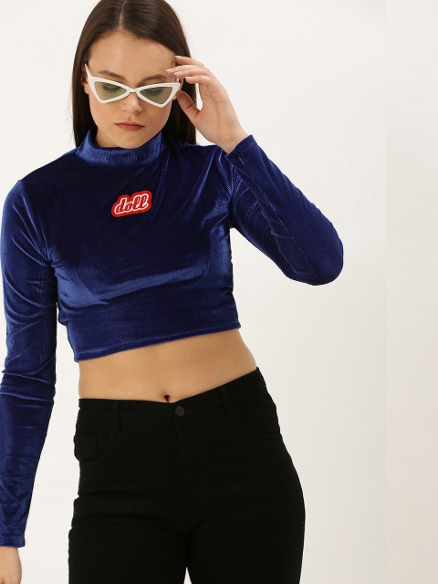 

FOREVER 21 Women Blue Solid Velvet Crop Top