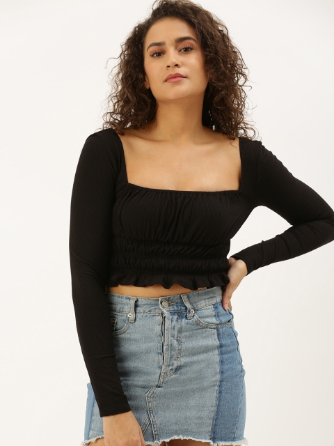 

FOREVER 21 Women Black Solid Cropped Cinched Waist Top