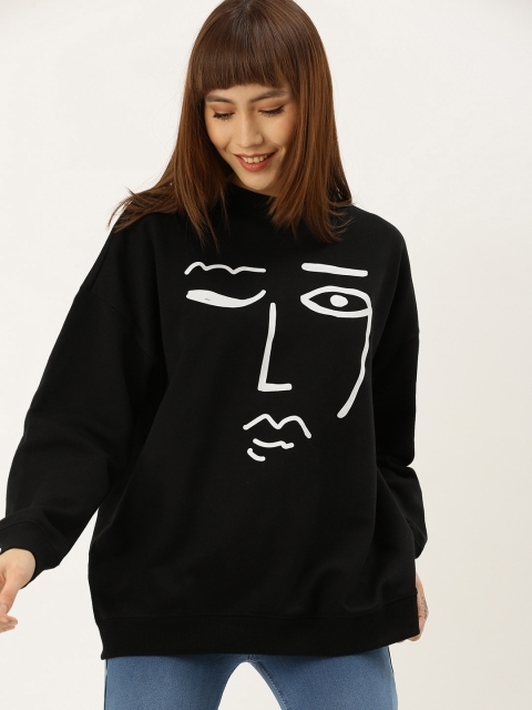 

FOREVER 21 Women Black Printed Boxy Longline Sweatshirt