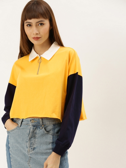 

FOREVER 21 Women Mustard Yellow Solid Cropped Polo Collar T-shirt With Raw Edges