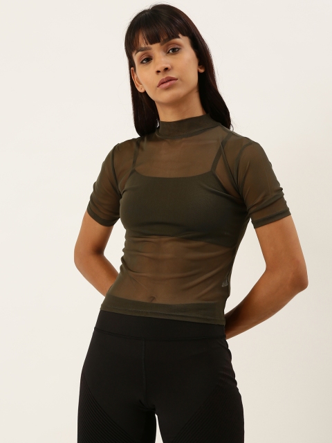 

FOREVER 21 Women Olive Green Solid Knitted Sheer Fitted Top
