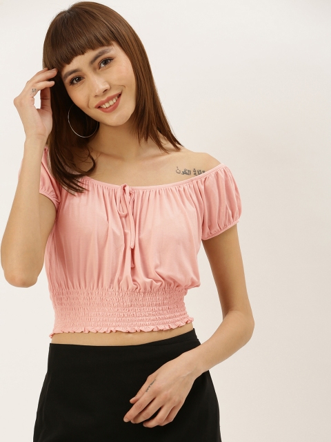 

FOREVER 21 Women Pink Solid Smocked Cropped Bardot Top