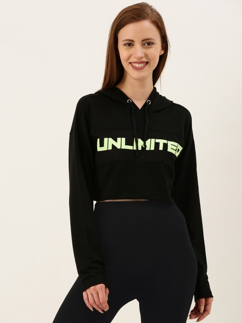 

FOREVER 21 Women Black Printed Hooded Crop T-shirt