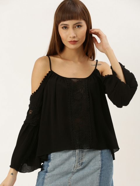 

FOREVER 21 Women Black Solid A-Line Top with Lace Inserts