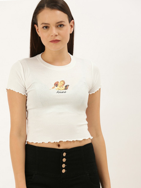 

FOREVER 21 Women White Solid Cropped Fitted Top