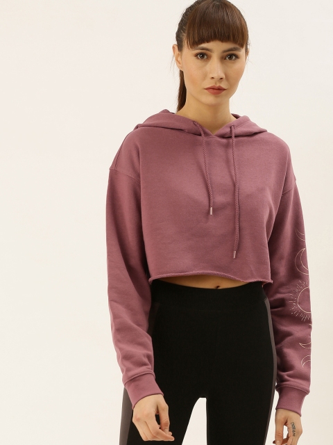 

FOREVER 21 Women Mauve Solid Cropped Hooded Sweatshirt With Raw Edges