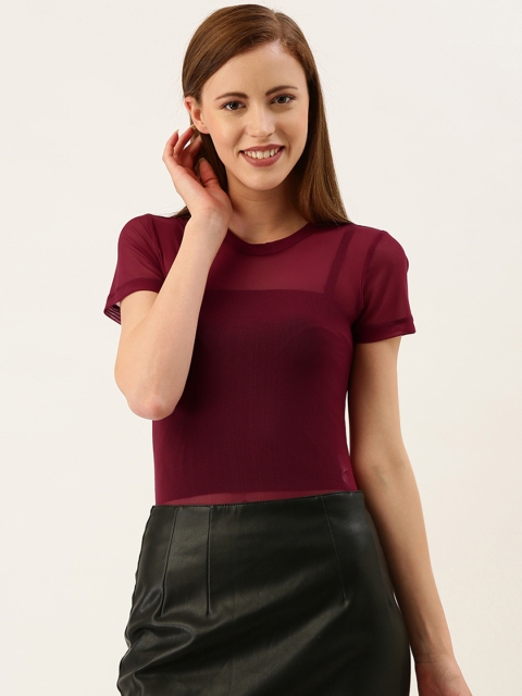 

FOREVER 21 Women Burgundy Solid Semi-Sheer Knitted Bodysuit