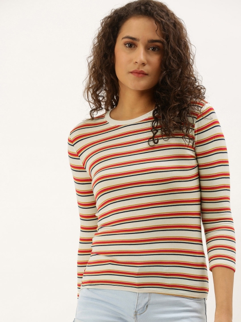 

FOREVER 21 Women White & Red Striped Round Neck T-shirt