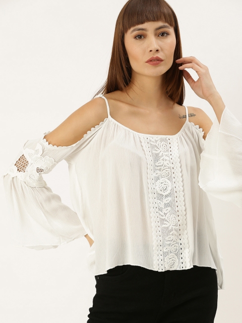 

FOREVER 21 Women White Solid Top with Lace Inserts