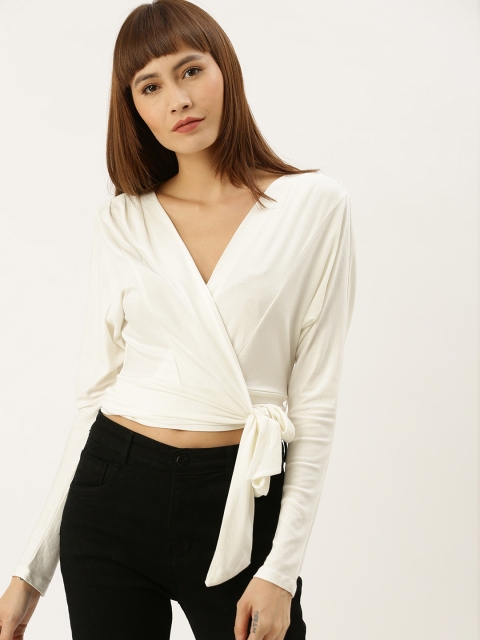 

FOREVER 21 Women White Solid Wrap Crop Top With Tie-Up Detail