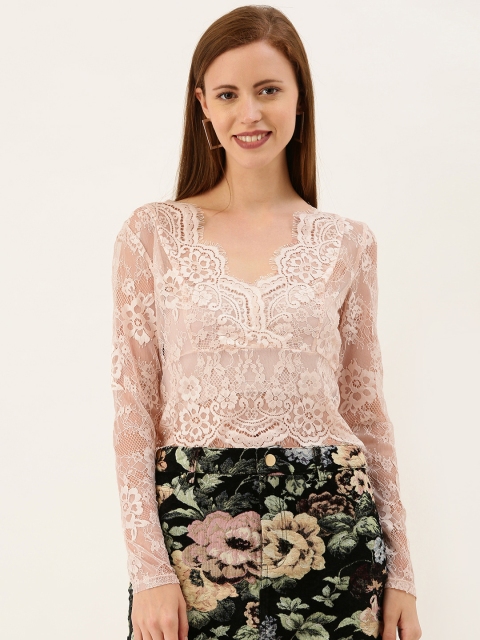 

FOREVER 21 Women Pink Self Design Sheer Top