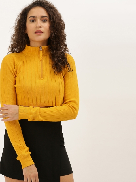 

FOREVER 21 Women Mustard Yellow Self-Striped Mock Collar Crop T-shirt