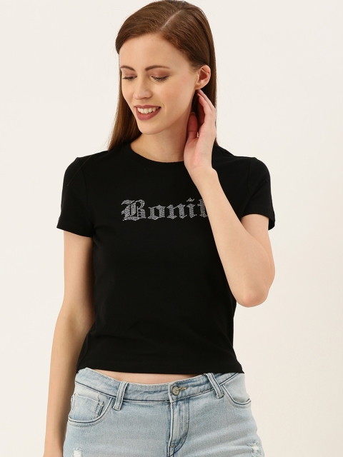 

FOREVER 21 Women Black Embellished Round Neck T-shirt