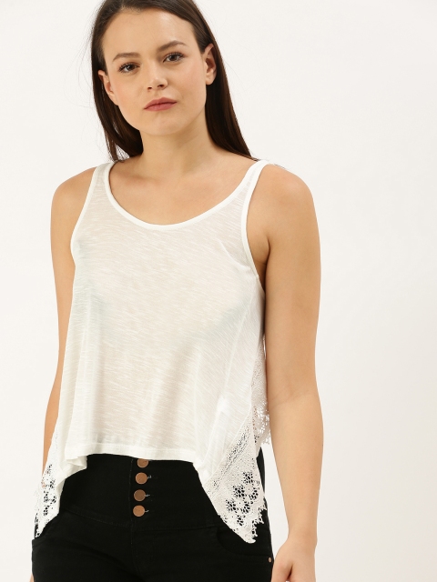 

FOREVER 21 Women White Solid Lace Inserted Styled Back Top