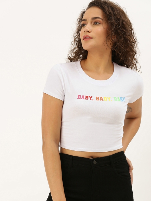 

FOREVER 21 Women White Solid Round Neck T-shirt With Printed Detailing