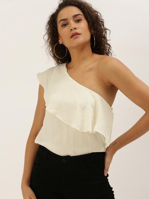 

FOREVER 21 Women Cream-Coloured Solid Ruffled One-Shoulder Bodysuit