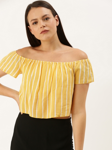 

FOREVER 21 Women Yellow & White Solid Bardot Top