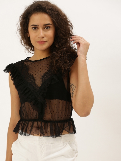 

FOREVER 21 Women Black Self Design Cinched Waist Sheer Top with Ruffles