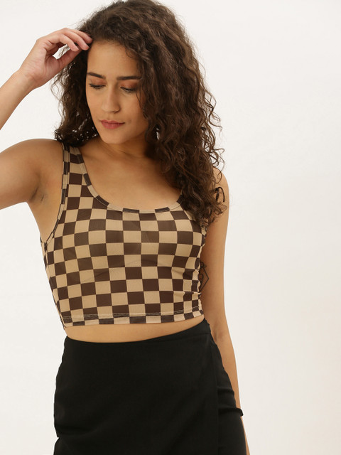 

FOREVER 21 Women Beige & Brown Checked Semi-Sheer Cropped Fitted Top