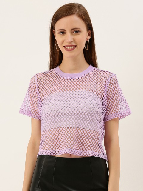 

FOREVER 21 Women Purple Self Design Sheer Crop Top