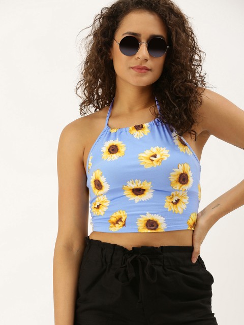 

FOREVER 21 Women Blue & Yellow Printed Fitted Crop Top