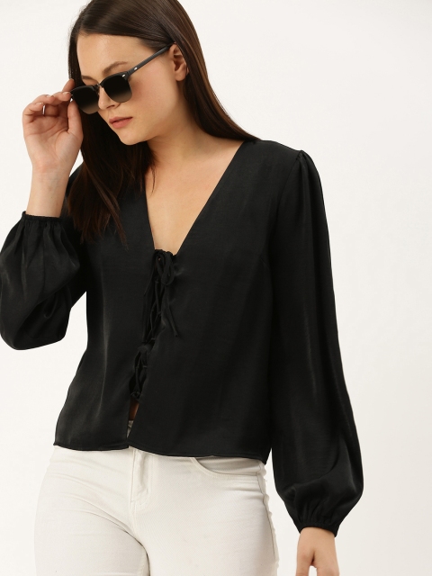 

FOREVER 21 Women Black Solid Satin Top with Lace-Up Detail