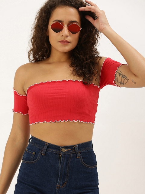 

FOREVER 21 Women Red Self-Striped Lettuce Edge Bardot Crop Top